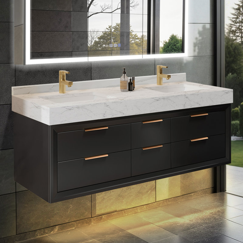 Ensemble de meuble-lavabo mural moderne en bois massif 60 po avec comptoir en pierre et lumière, Noir
