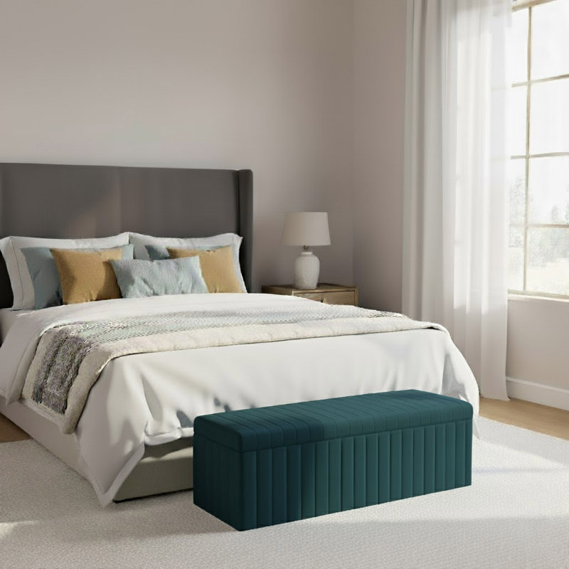 Lux Striped Wide Velvet Rectangle Solid Color Standard Ottoman Box with Storage, 40 cm H x 137 cm W x 42 cm D, Emerald Green