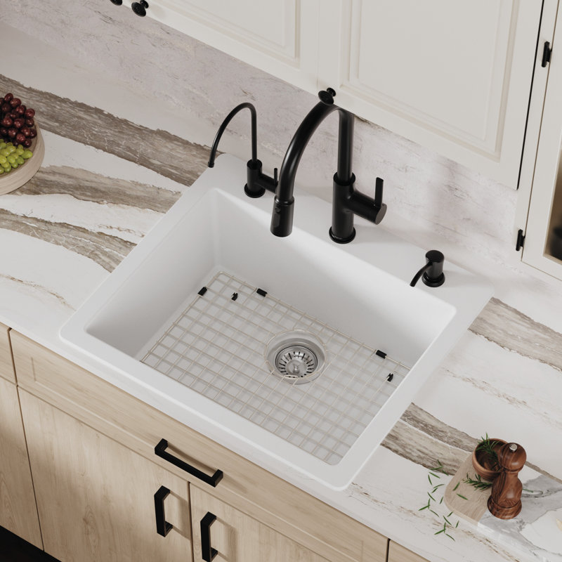 Ensemble d'évier de cuisine à cuve simple 25 po x 22 po Karran Quartz, Blanc