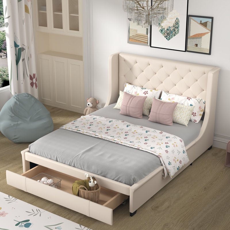 Lit plateforme à tiroirs Emily-Maya, Beige