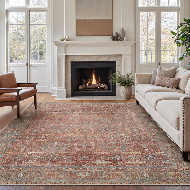 Luftim Oriental Non-Slip Washable Performance Red / Tan Indoor Area Rug, Rectangle 6' x 9', Red