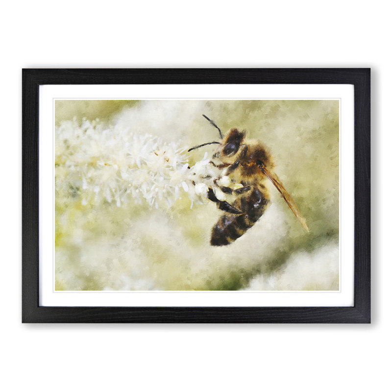 Bee Collecting Pollen Vol.1 - Picture Frame Painting on MDF, 27cm H x 36cm W x 2cm D, Black Framed
