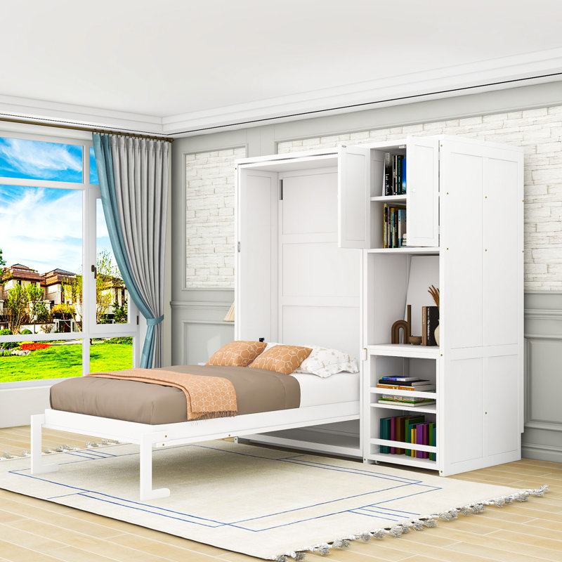 Lit escamotable avec bibliothèque rotative, bureau, armoire et rangement, Blanc