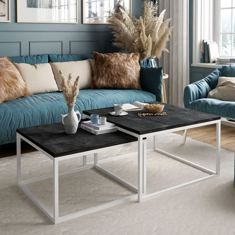 Whitinsville 2 Piece Coffee Table, White, 45cm H x 70cm W x 70cm D, Wotan oak