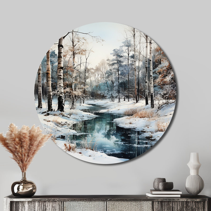 Rivière en forêt, paysage d'hiver - paysages, art mural rond en métal, H 23 po x l 23 po