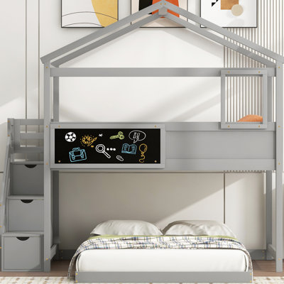 Lit superposé simple au-dessus d'un lit double gris avec rangement et tableau fonctionnel décoratif