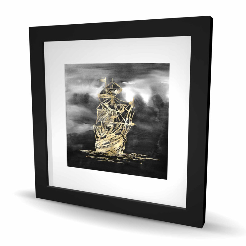 «Sailing Little Ship Illustration Gold - Coastal», reproduction encadrée, Noir, H 16 po x l 16 po