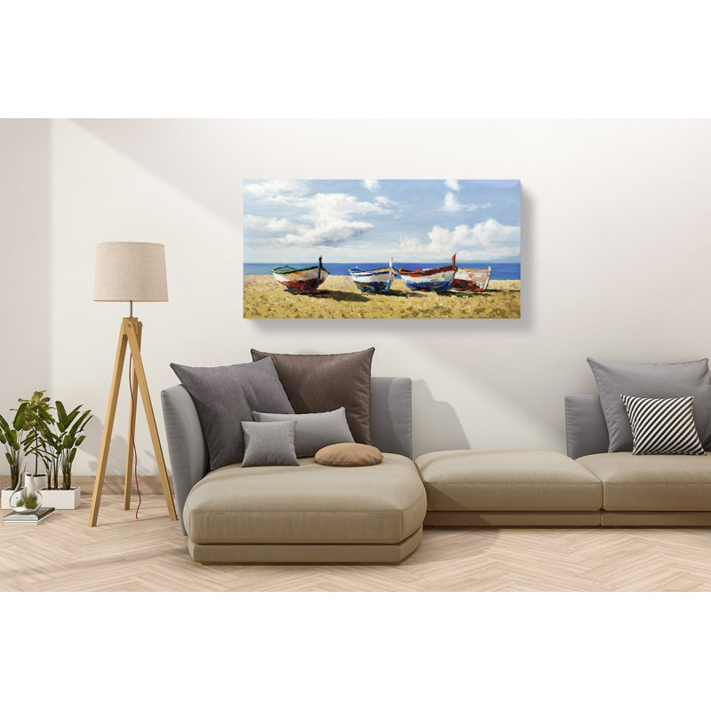 Boats on The Beach 1 Piece Wrapped Canvas Painting, 35cm H x 70cm W x 4cm D