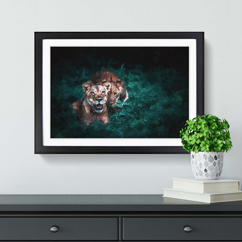 Two Lions in the Shadows - Picture Frame Painting Print on MDF, Black Framed, 48cm H x 65cm W x 2cm D