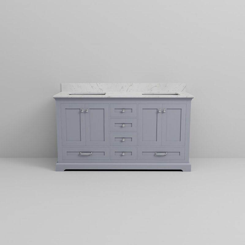Meuble-lavabo double l 60 po x P 22 po Dukes, Gris foncé, Marbre de Carrare blanc