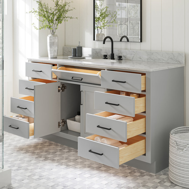 Meuble-lavabo simple en bois massif Jameal avec plateau en marbre de Carrare 0,75 po, Ovale, Gris