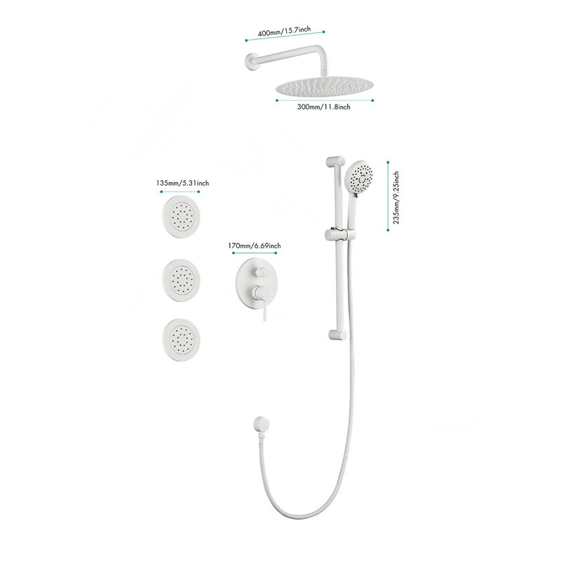 Système de douche avec pomme de douche, douche à main, barre coulissante, jets de corps, bras de douche, tuyau, garniture de valve et poignées à levier