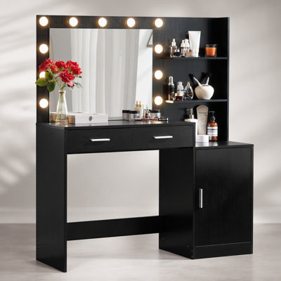 Bureau de coiffeuse élégant avec miroir et lumières, coiffeuse 46,4 po avec 2 grands tiroirs et organisateur vertical, 3 modes d'éclairage pour une luminosité réglable, parfait pour les chambres à coucher
