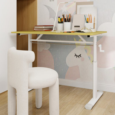 Compact Design Hand - Adjustable Height Desk, Wood Colored Desktop, Stable For Home Office And Small Areas Double Column Structure, Ideal Study