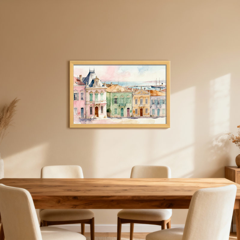 Scénario et paysages urbains à l'aquarelle avec bâtiments pastel et horizon, H 20 po x l 30 po, Toile tendue