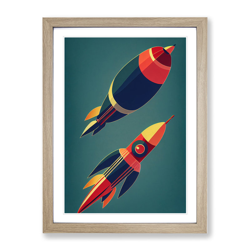 Retro Spaceship Rockets - Framed Print, 46cm H x 34cm W x 2cm D, Oak Framed