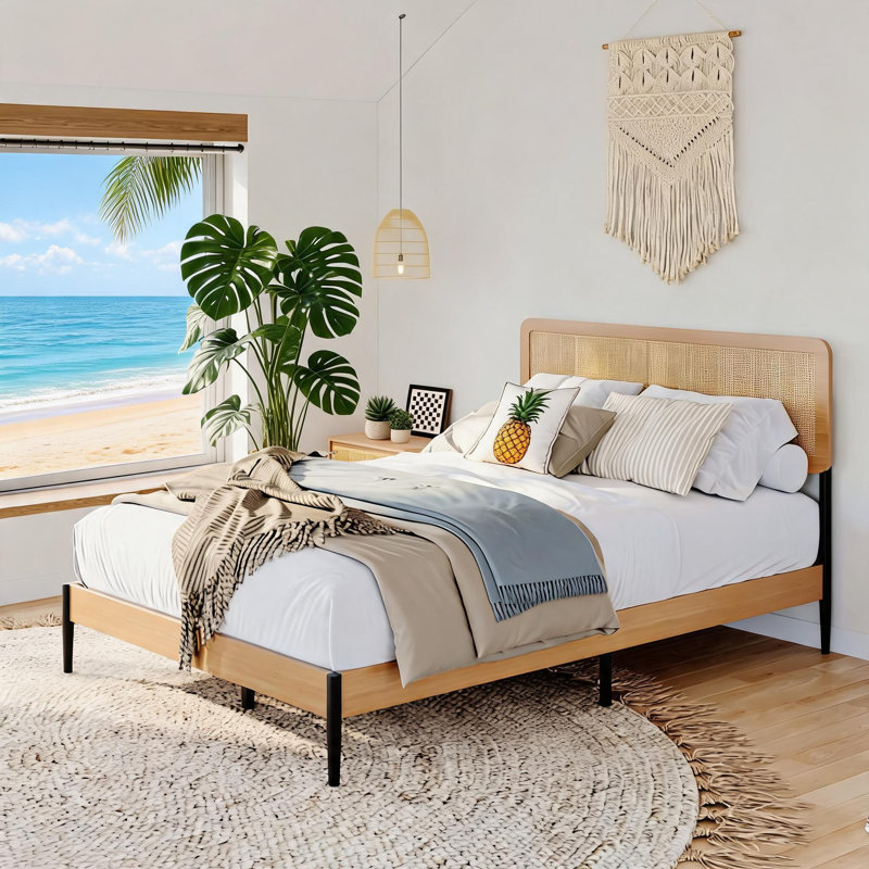 Structure de lit avec tête de lit, structure de lit plateforme en rotin pleine grandeur, lit Boho avec tête de lit tissée naturelle, support robuste en lattes de bois et de métal, aucun sommier requis, rangement sous le lit de 10,4 po.
