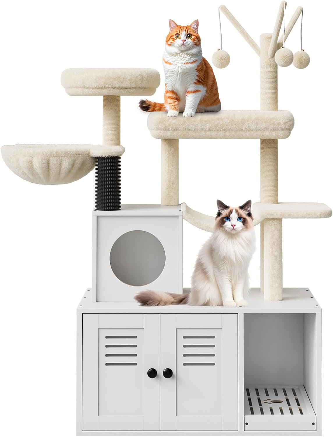 Modern Cat Tree With Hidden Litter Box Enclosure - Multi-Level Tower With Hammock, Scratching Posts, Caves & Food Station, Grey