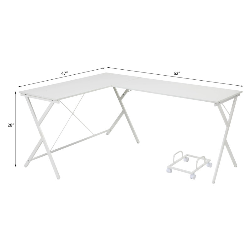 Bureau d'angle blanc Espace en forme de L avec structure métallique robuste, idéal pour les petits espaces de travail et offrant un espace de travail généreux pour les étudiants.