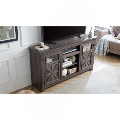 Armoire de ferme 2 portes, meuble télé de style campagnard, meuble télé de style campagnard, grande console de cinéma maison d'inspiration grange avec foyer 18 po, GRIS, l 60,23 po x P 15,35 po x H 31,7 po