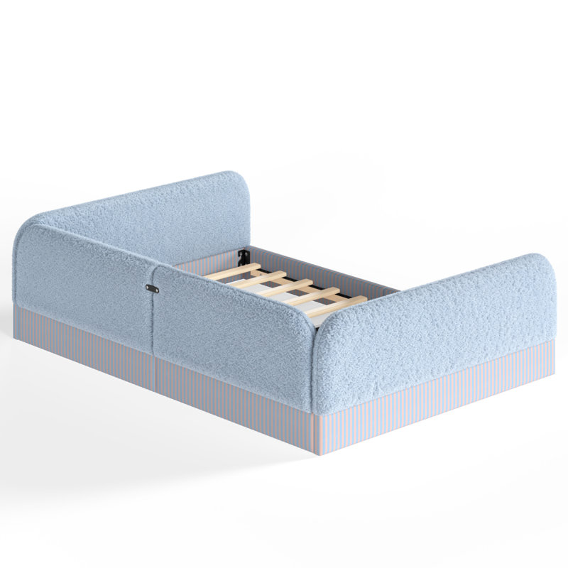 Grand cadre de lit rembourré en molleton pour enfants, lit plateforme semi-fermé Montessori pour garçons et filles, lit plateforme à profil bas avec garde-corps latéraux, bleu