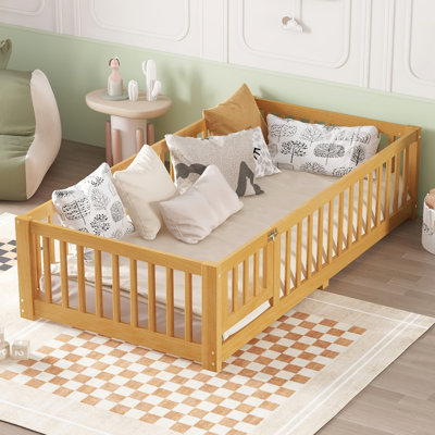 Lit simple pour enfants avec garde-corps de sécurité et porte de jeu, lit pour enfant Montessori