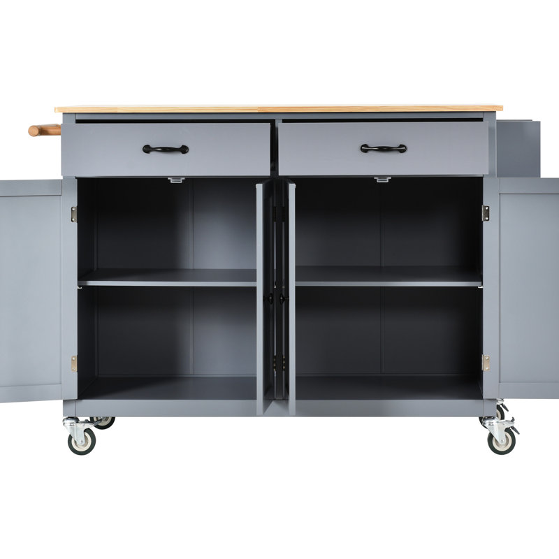 Chariot pour îlot de cuisine gris bleu avec bureau en bois massif robuste et rangement, armoire à 4 portes, 2 tiroirs, porte-épices et porte-serviettes, roues verrouillables à l'ombre