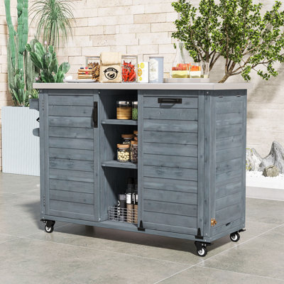 Outdoor Grill Cart Kitchen Island with Stainless Steel Top, Hidden Trash Cabinet and Adjustable Shelves