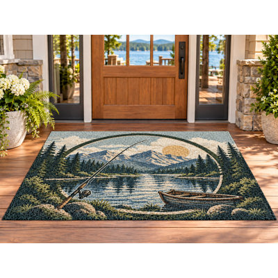 5' x 7' Outdoor Area Rug Fishing Rod Canoe Mountain Lake Heavyweight Solid Waterproof PVC Coil Loop Carpet, Patio Rug Quick Dry Large Doormat Porch Balcony Entryway RV Camping