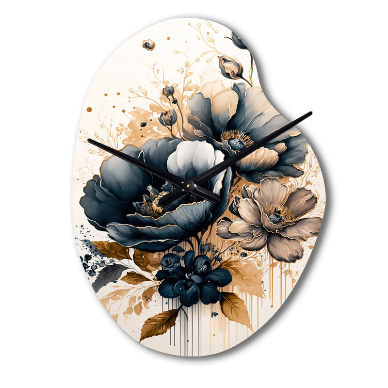 Fleurs de coquelicot bleu marine et or Scoggins III - horloges asymétriques en métal, forme unique horloge murale, Petit