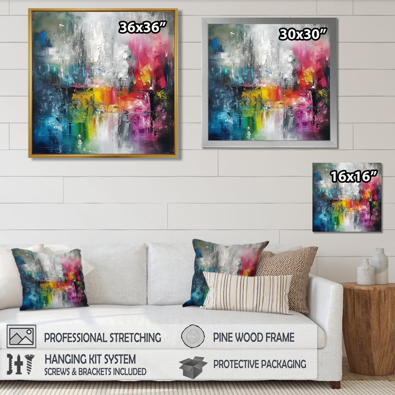 Arc-en-ciel rétro vibrant - décoration murale abstraite, Cadre flottant noir, H 30 po x l 30 po
