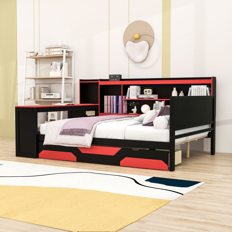 Lit de jour avec espace de travail intégré, alimentation intégrée et éclairage personnalisable, Grand lit, Noir / Rouge