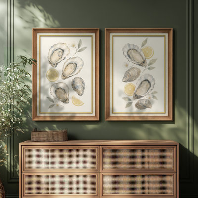 Huître et citron côtier, conception botanique de fruits de mer - ensemble de 2 reproductions d'art mural encadrées de qualité supérieure sur papier 26 po x 36 po