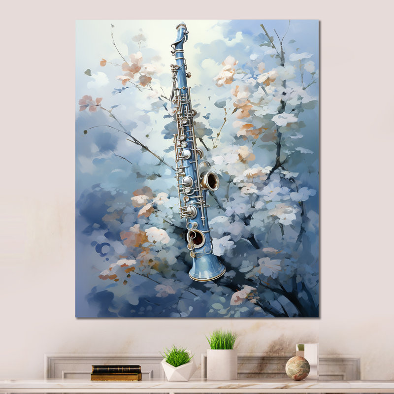 "Flûte musicale vol bleu ciel" sur métal, H 32 po x l 16 po x P 1 po