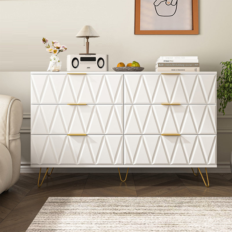 Commode 6 tiroirs en bois avec motif en V sculpté 3D blanc