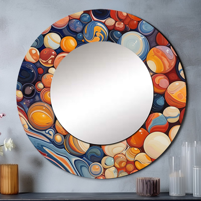 Mystical Marbles I - miroir de formes abstraites, miroir mural rond orange, impression sur métal, 23 po x 23 po