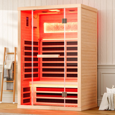 Votre sauna à infrarouges pour 2 personnes, petit sauna EMF en bois de pruche 1463W / 110V avec chauffe-pieds Tourmaline, luminothérapie en 7 couleurs, briques en cristal de sel, assemblage facile - spa intérieur compact 47,2 po x 34,2 po x 70,9 po