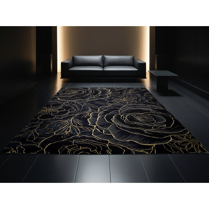 Tapis floral moelleux et doux à motif floral rose et noir Fremantle, 5 x 7