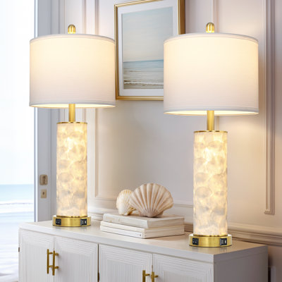 29” Elegant Shell-Inspired Table Lamp with USB Charging Ports, LED Bulbs and Nightlight