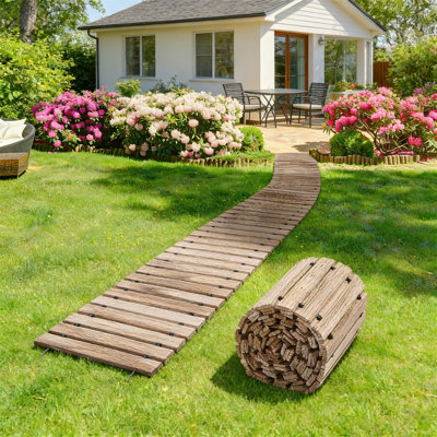 24FT Wooden Garden Pathway, Roll Out Non-Slip Boardwalk for Outdoor Garden Beach Wedding Party, Light Finish