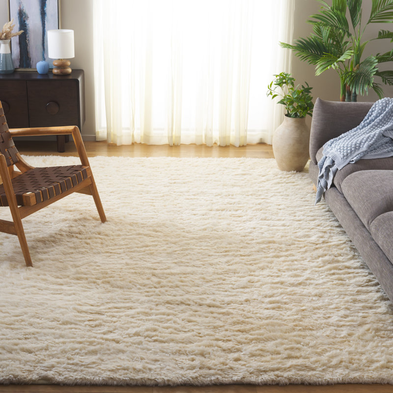 Abriel Solid Color Handmade Wool Area Rug in Ivory, Rectangle 8' x 10'