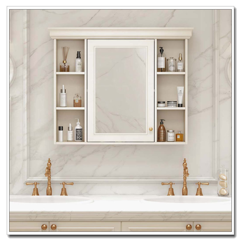 Armoire de salle de bain murale 35 "x 28" avec miroir, armoire, 6 tablettes ouvertes, Beige / Crème
