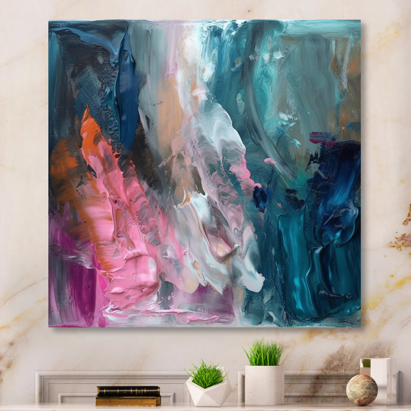 Demeko moderne bleu et rose abstrait - art mural abstrait, H 24 po x l 24 po, Toile tendue, Sans cadre
