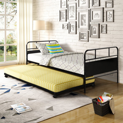 [Not Allowed To Sell To Walmart]Metal Daybed Platform Bed Frame With Trundle Built-In Casters