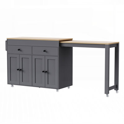 Versatile Kitchen Island with Extendable Dining Table, Rolling Storage Cart, and Ample Organizational Space for Modern Kitchens and Dining Rooms.