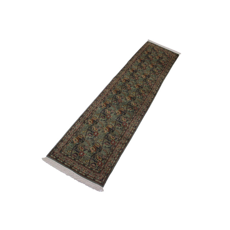 Tapis vert / brun en laine noué à la main à motif floral 2 pi 5 po x 10 pi 2 po Roca