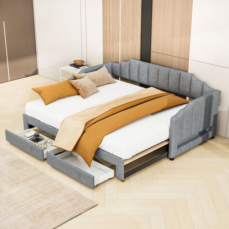 Lit de jour simple rembourré extensible de taille XL avec éclairage à DEL et tiroirs de rangement, Gris