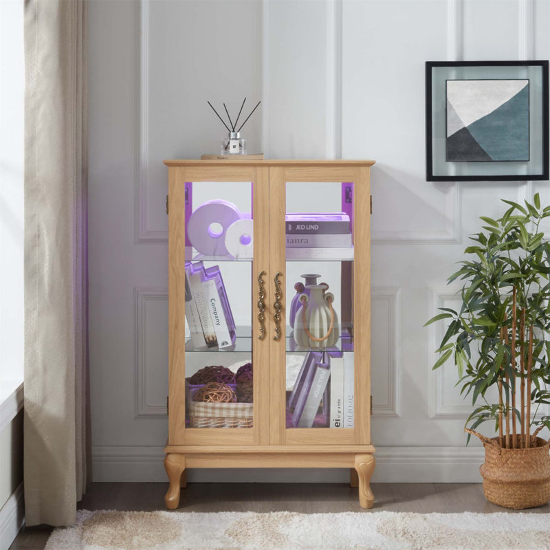 Elegant Light Curio Cabinet With Tempered Glass Doors, LED Light, Mirrored Back Panel & Adjustable Shelves – Perfect Display Storage For Home & Office