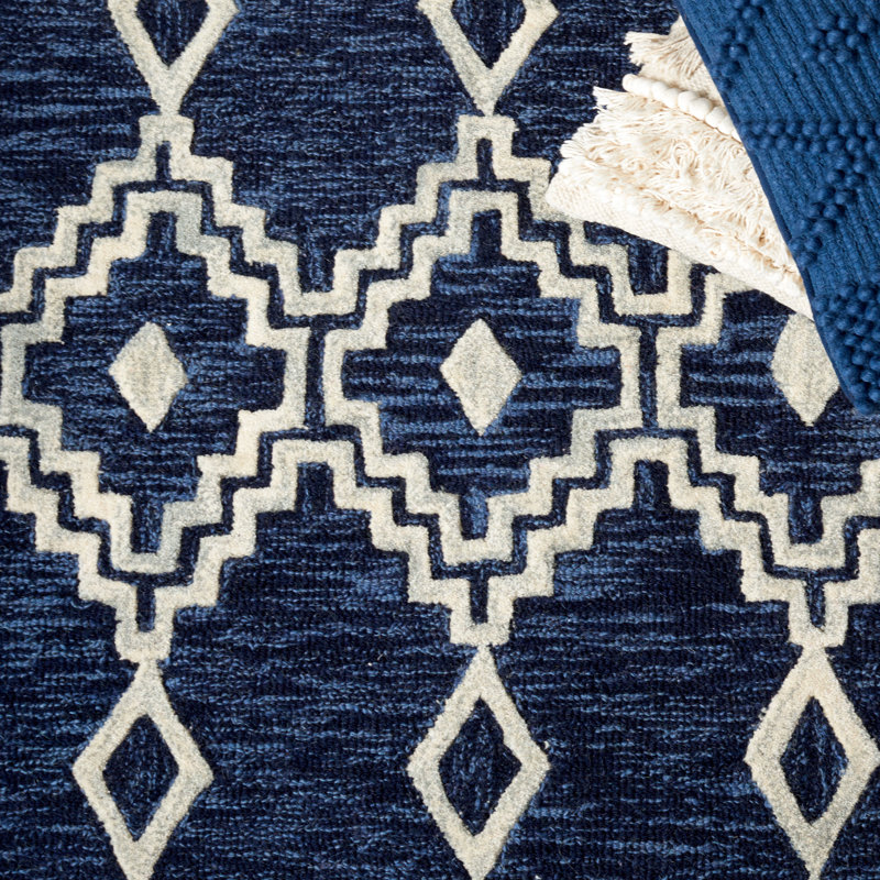 Ivory and Navy Tufted Wool Abstract Square Rug