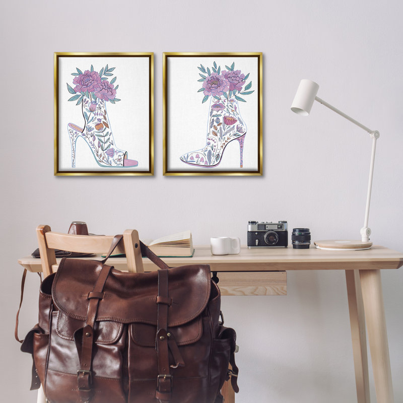 Ensemble de 2 bottes à talon aiguille floral encadrées par Melissa Wang, Cadre flottant métallique doré, H 21 po x l 17 po